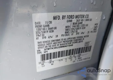 2021 Ford Mustang Mach-E Premium z USA, uszkodzony, nr VIN 3FMTK3SU2MMA01948